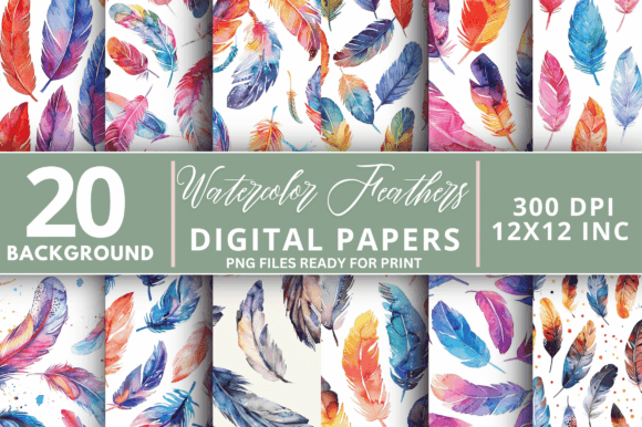 Download Watercolor Feathers Digital Paper Bundle - Premium Bundle